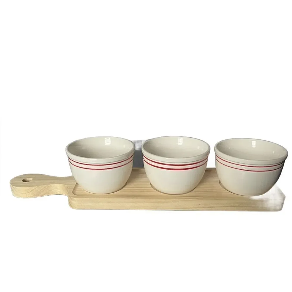 Hallmark Vintage 1970’s Trio of Small Ceramic Serving Bowls on Wooden Block